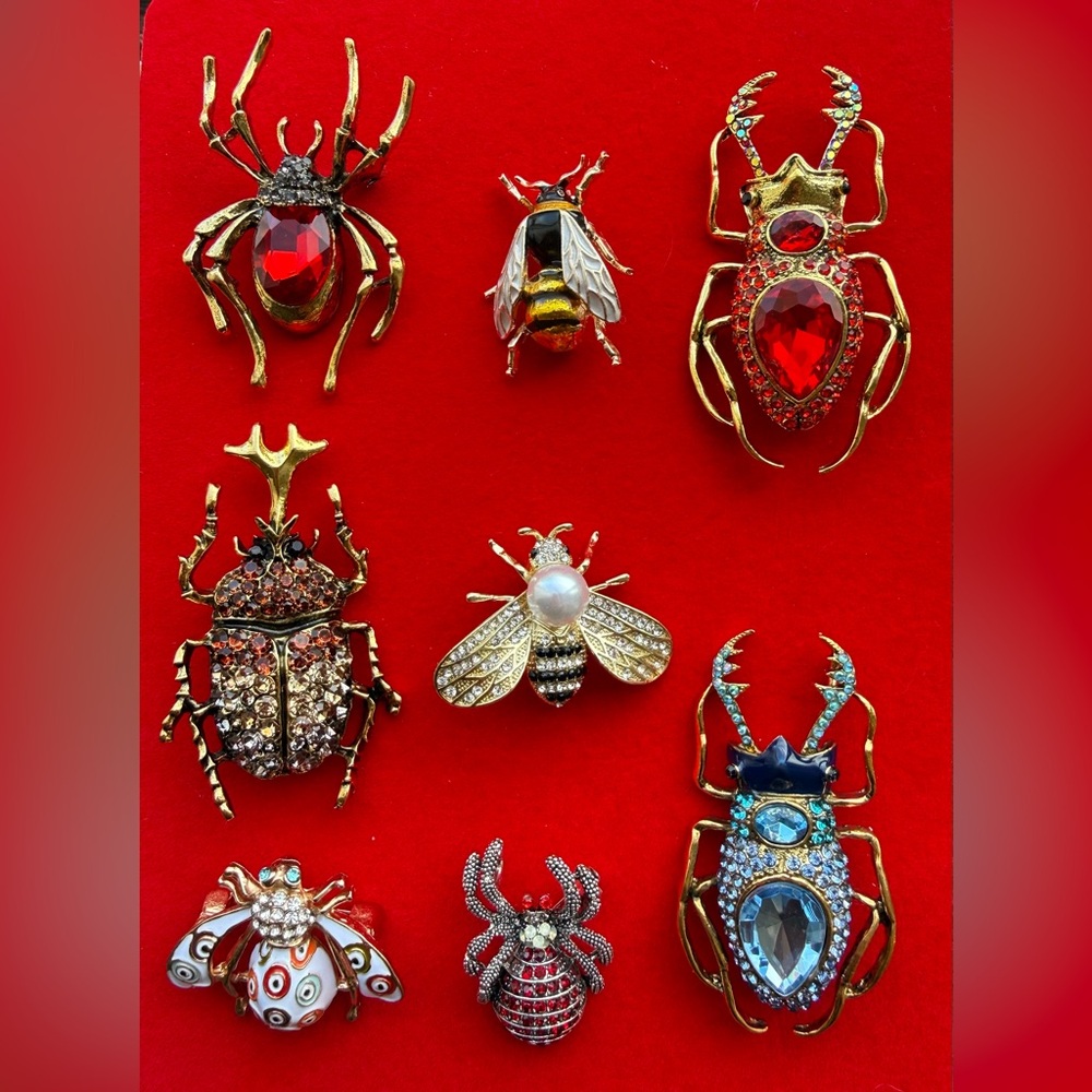SOLD Anthropologie Insect Brooch Set - Red, Gold, Silver, Blue